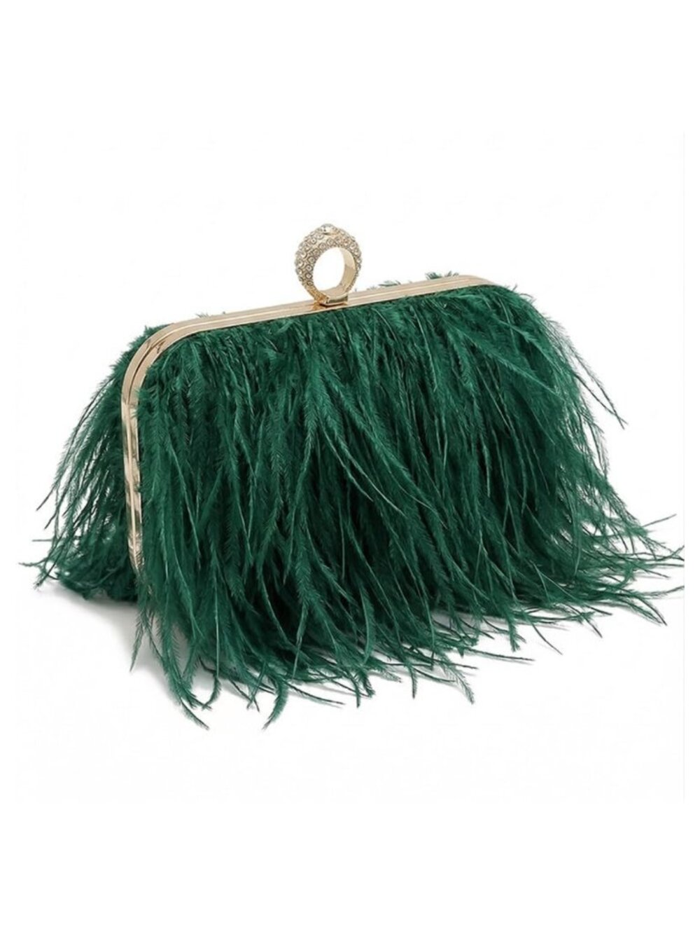 Ostrich Feather Velvet Evening Clutch with Crystal Push Lock and Crossbody Chain
